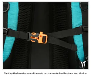 Detail of chest buckle on blue hiking backpack with breathable mesh and ripstop nylon