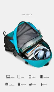 Bovenaanzicht van blauwgroene wandelrugzak met grote opslag voor laptop en spullen