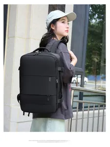 Outdoor macro shot of large capacity black travel backpack with multi-compartment design