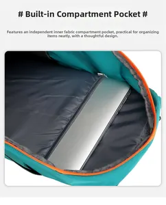 Macro view of hiking backpack inner compartment with laptop sleeve and teal grid fabric
