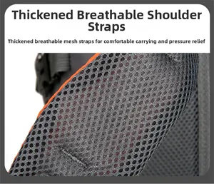 Close-up of thickened breathable mesh shoulder straps with orange stitching for hiking backpack