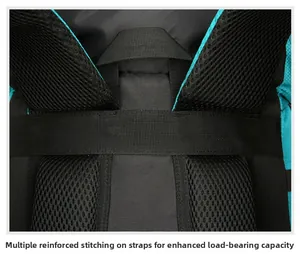 Detail of reinforced bar-tack stitching on outdoor backpack for enhanced weight capacity