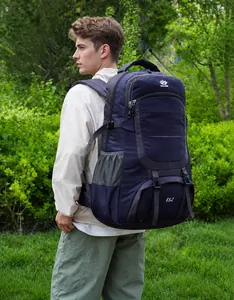 Detailed side view of 85L navy outdoor hiking backpack with functional straps and mesh pocket