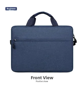 Front view of a navy blue business laptop briefcase with reinforced handles and texture