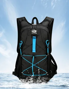 Detail of waterproof high-density nylon cycling backpack with blue elastic storage cord