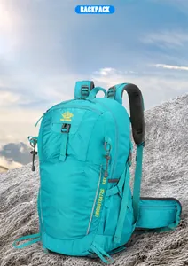 Detail of 35L teal hiking backpack featuring honeycomb breathable back pads and side pockets