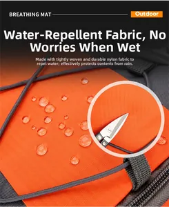 Macro detail of waterproof orange hiking backpack fabric with scratch resistant texture