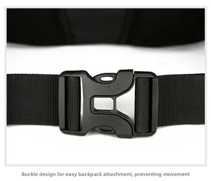 Macro view of a black plastic waist belt buckle and nylon strap for outdoor backpacks