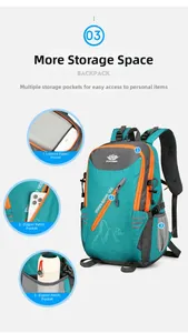 Detail view of 40L hiking backpack showing water-resistant front pocket and side mesh storage