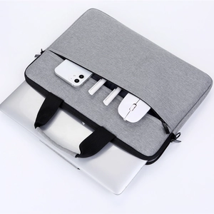 Gray business laptop bag with durable oxford fabric and organized front pocket storage