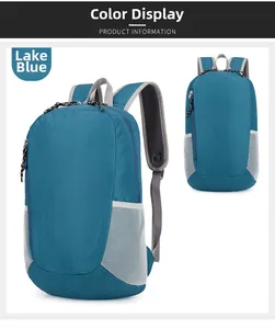 Détails du sac à dos de randonnée bleu lac pliable avec poches latérales et sangles grises