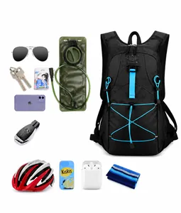 Detailed view of cycling backpack storage capacity with green hydration water bag