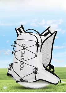 Close-up of lightweight hiking backpack with black elastic cord storage and mesh fabric