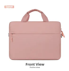 Front view of sweet pink laptop bag with front zipper pocket and reinforced handles