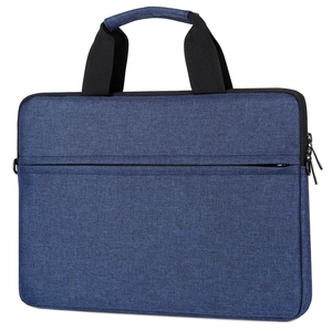 Navy blue business laptop bag in textured fabric with durable carry handles and front pocket