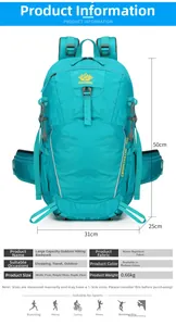 Detail view of 36L sky blue waterproof hiking backpack with dimensions and 0.66kg weight