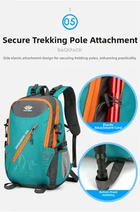 Detail view of the 40L hiking backpack side buckles and trekking pole attachment system
