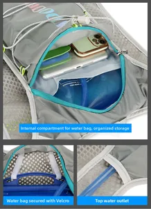 Detail of hydration pack with internal water bladder compartment and velcro strap