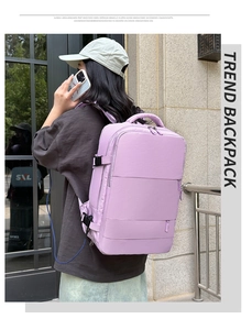 Lavender travel backpack with USB charging port shown in an outdoor lifestyle setting