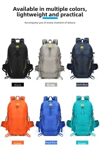 Outdoor hiking backpacks displayed in six colors including black, blue, and orange