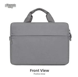 Front view of elegant grey minimalist laptop bag with textured fabric and hidden zipper