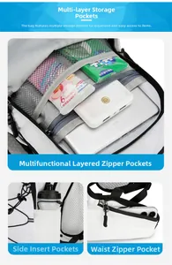 Detail view of large capacity white hiking backpack with multiple storage compartments
