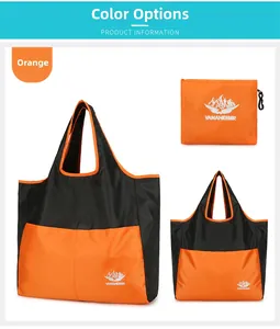 Detailed view of foldable orange and black travel tote bag with compact storage pouch