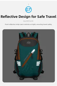 Close-up of hiking backpack showing reflective safety straps and contrast blue design