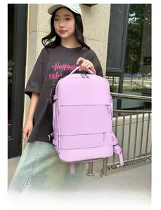 Outdoor street style shot of a lavender large capacity waterproof travel backpack