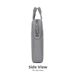 Side view of gray laptop bag featuring a metal zipper and durable D-ring for shoulder straps