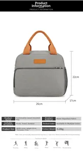 Detailed size specifications for grey and orange insulated lunch bag 26x22x17cm