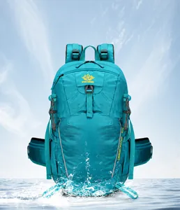 Waterproof testing of 35L blue hiking backpack with splashing water effect