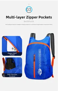 Detail van blauw-oranje opvouwbare rugzak met zijvak van mesh en handige opbergvakken