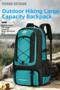 Detail of 75L outdoor hiking backpack in teal and black with elastic cords and mesh pocket