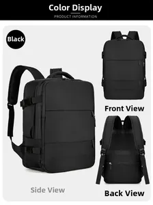 Three views of black waterproof business backpack featuring multi-layer storage and back strap
