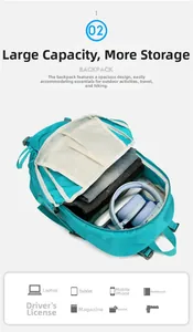 Detail view of large capacity outdoor backpack with laptop sleeve and multiple compartments