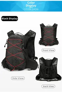 Detailed views of a black hiking hydration backpack with honeycomb mesh and red bungee cords