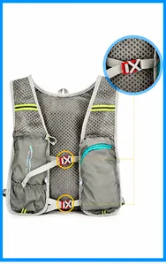 Detail of running hydration vest showing dual chest buckles and reflective mesh