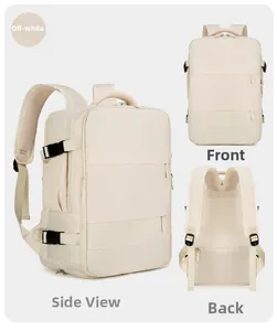 Detailed views of beige multi-functional travel backpack showing front, back and side profiles