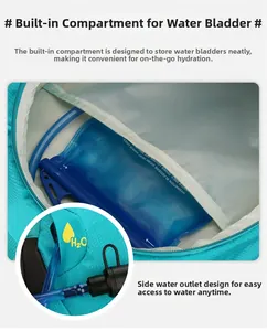 Hiking backpack detail showing internal hydration bladder compartment and H2O outlet