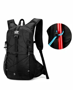 Detail view of the trekking pole attachment and elastic bungee system on the backpack