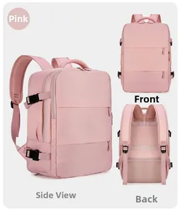 Pink travel backpack showing front, back and perspective views in high-resolution details