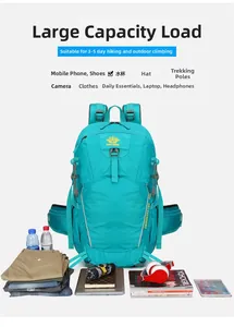 Detail showing the 38L outdoor hiking backpack capacity with various gear loaded