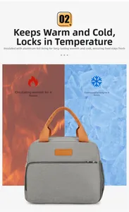Waterproof grey lunch bag with orange handles showing 4-hour heat and 8-hour cold insulation
