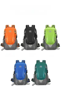 Detail showing five colored 40L hiking backpacks with outdoor trekking pole mounts