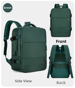 Multi-angle view of green large capacity waterproof travel backpack with breathable mesh back