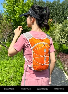 Detailed back view of a lightweight orange hydration running pack with grey mesh straps