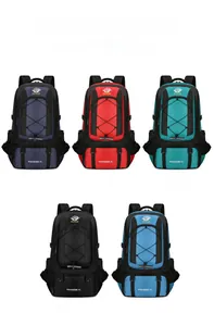 Detail view of large 75L outdoor travel backpacks shown in five different colors