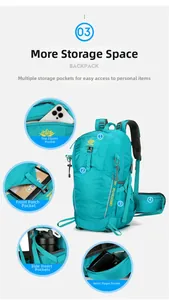 35L turquoise hiking backpack detail showing multiple storage pockets and waist support