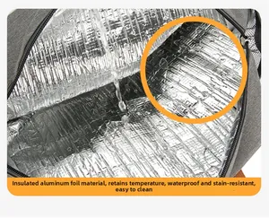 Primer plano del forro impermeable de aluminio y tela gris de la bolsa térmica aislada